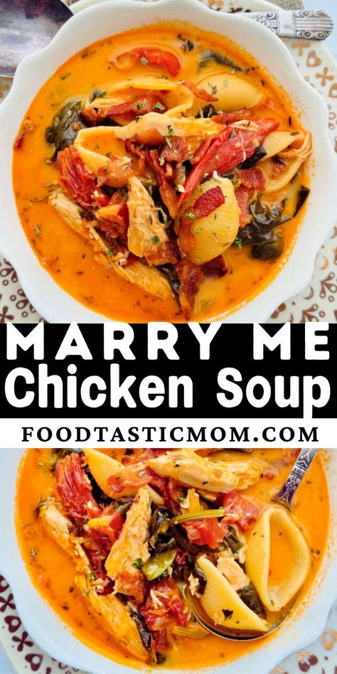 This outstanding Marry Me Chicken Soup recipe uses store-bought rotisserie chicken to create a perfect bowl of comfort and optimism. via @foodtasticmom Rotisserie Chicken And Dumplings, Chicken Dishes Easy, Favorite Soups, Chicken Soup Recipe, Marry Me Chicken, Soups Recipes, Creamy Potato Soup, Comforting Soup, Italian Soup