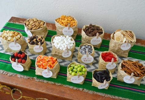 16 Party Bar Ideas - C.R.A.F.T. Trail Mix Bar, Camping Theme Birthday Party, Nacho Bar, Woodland Party Theme, Woodland Birthday Party, Party Bars, Woodland Birthday, Camping Birthday, Baking With Kids