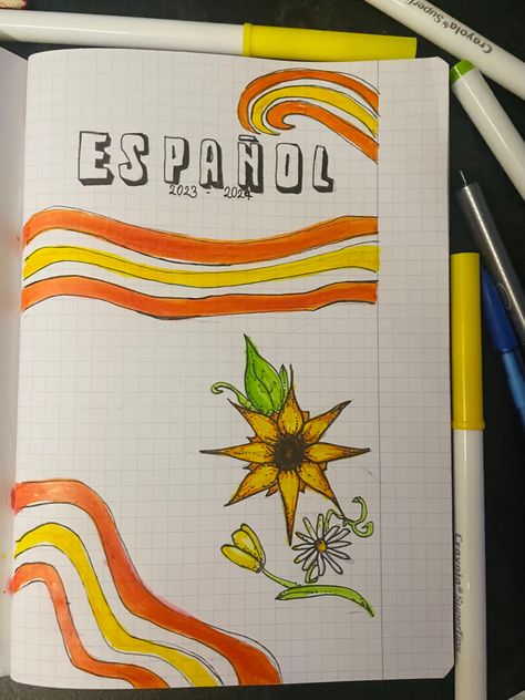 School note book cover idea School Book Covers Spanish, Spanish Book Cover Ideas School, Spanish Notebook Cover Ideas, Spanish Notebook Cover, Spanish Cover Page, Diy Notebook Cover For School, Spanish Notebook, Spanish Exercises, Cover Page For Project