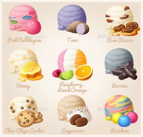 Set of cartoon vector icons. Ice cream scoops with different fruit and berry flavors. Pink Bubblegum, Taro, Rum Raisin, Honey, Lic Background Ice Cream, Background Food, 귀여운 음식 그림, Coconut Ice, Ice Cream Scoops, Coconut Ice Cream, Cute Food Drawings, Cute Food Art, Different Fruits