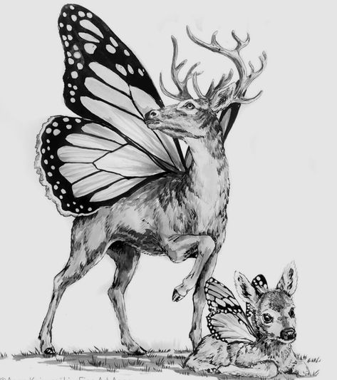 Doe Tattoo, Deer Drawing, Hybrid Art, Deer Illustration, Deer Tattoo, Wings Drawing, Rabbit Tattoos, Animal Illustration Art, Woodland Art