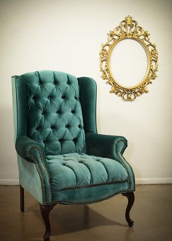 Green wingback - we have a pair of these in our bedroom. Velvet Wingback Chair, Arabic Decor, Fire Pit Chairs, Mexican Home Decor, Furniture Design Chair, Interior Design Guide, Yellow Decor, Perfect Chair, Ikea Chair