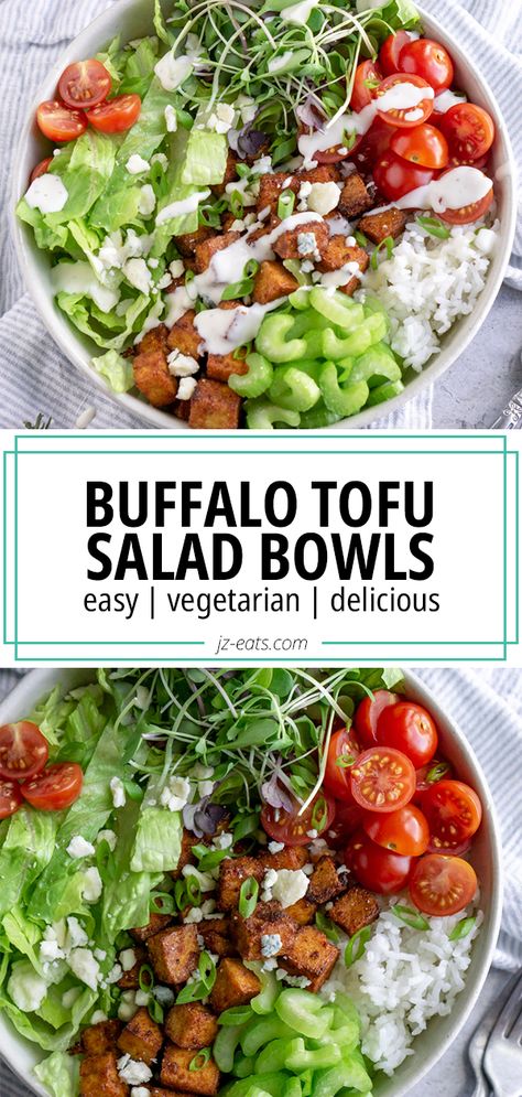 rice bowl with buffalo tofu, celery, tomatoes, and greens Buffalo Tofu Salad, Buffalo Tofu Bowl, Buffalo Tofu Recipes, Ways To Cook Tofu, Kid Friendly Vegetarian Recipes, Tofu Bowls, Buffalo Tofu, Vegetarian Bowls, Cooking Tofu