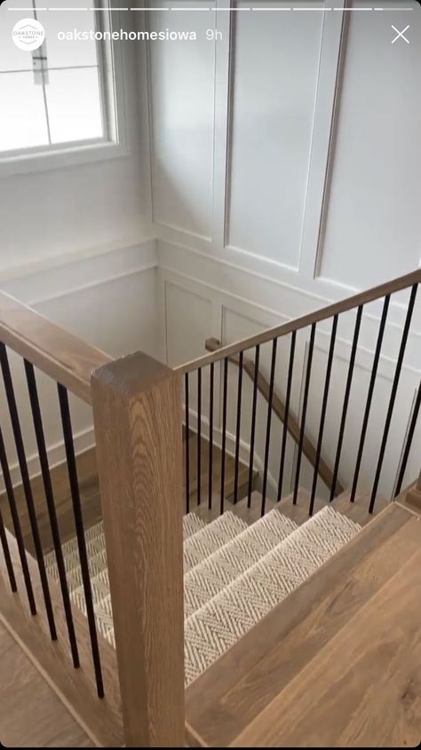 Transitional Stairs Design, Staircase Design To Basement, Bohemian Stair Railing, Bold Carpet On Stairs, Modern Transitional Staircase, Transitional Modern Staircase, Light Wood Stair Railing, Cottage Stair Railing Ideas, Cottage Staircase Railing