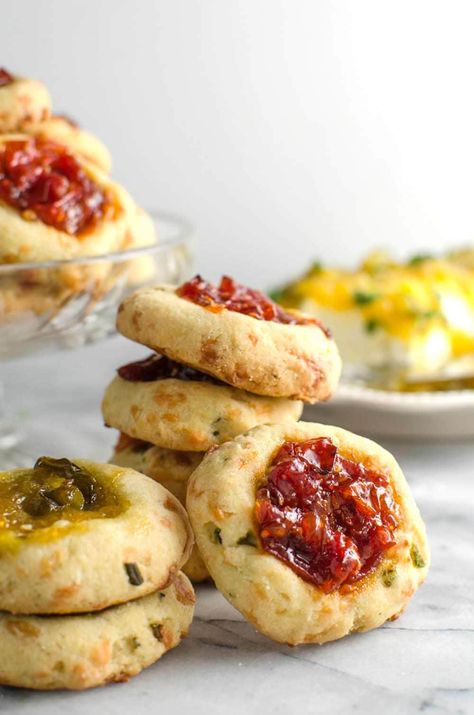 Savory Cheese Thumbprint Cookies with Bourbon Tomato Jam Cheese Thumbprint Cookies, Savory Cookies, Jalapeno Jam, Jam Thumbprint Cookies, Savory Cheese, Tomato Jam, Savoury Baking, Thumbprint Cookies, Sweet Cookies