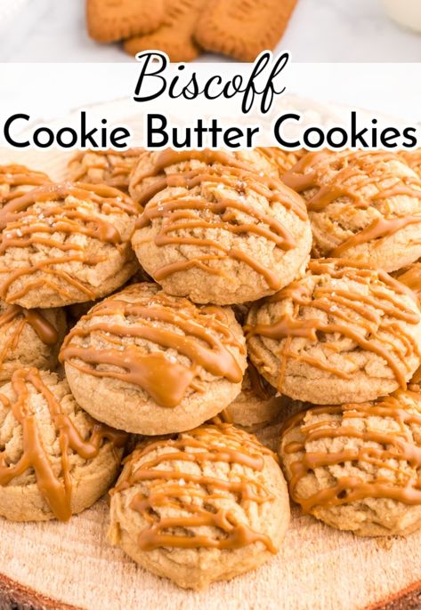 Indulge in the ultimate cookie experience with our Biscoff Cookie Butter Cookies, topped with a drizzle of more cookie butter and a hint of sea salt for that perfect sweet and salty balance! Cookie Butter Lava Cookies, Cookies Made With Cookie Butter, Cookie Butter Filling Recipes, Stuffed Cookie Butter Cookies, Cookie Butter Dip Recipes, Cookie Butter Drizzle, Easy Cookie Butter Recipes, Cookie Butter Recipes Snacks, Butter Tart Cookies