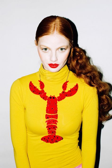 Lobster Jewelry, Giant Lobster, Lobster Necklace, Tatty Devine, Redheads, Red Hair, Fashion Photography, A Woman, Textiles