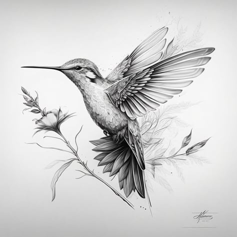 Hummingbird Tattoo Black, Hummingbird Sketch, Hummingbird Flower Tattoos, Animal Black And White, Feminine Line Art, Hummingbird Drawing, Hummingbird In Flight, Vogel Tattoo, Black And White Tattoo