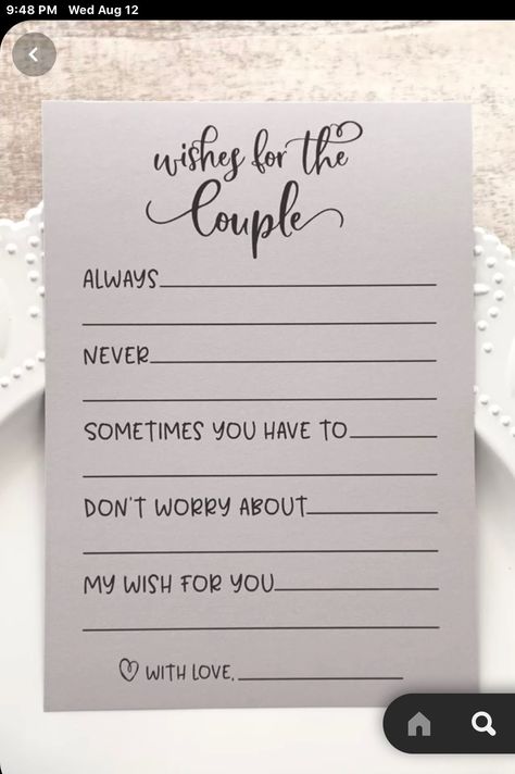 Couple Wishes, Bubbly Brunch, Wedding Shower Activities, Shower Games Wedding, Couple Cards, Games Wedding, Couples Bridal Shower, Bridal Shower Planning, Wedding Shower Games