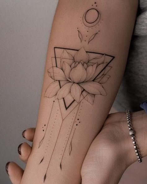 Tattoo Ideas Meaning, Popular Tattoo Ideas, Triangle Tattoos, Tasteful Tattoos, Forearm Tattoo Women, Lotus Tattoo, Arm Tattoos For Women, Tattoo Arm, Spine Tattoos