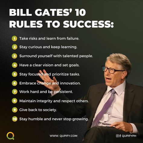 Discover the keys to success through the timeless wisdom of Bill Gates. As one of the world's most accomplished entrepreneurs and visionaries, Gates has distilled his experiences into a set of guiding principles. These rules provide invaluable insights for anyone aspiring to achieve greatness in their personal and professional lives. #BillGates #SuccessPrinciples #PathToSuccess Guiding Principles, Keys To Success, Success Principles, Stories Of Success, Respect Others, Stay Humble, Embrace Change, Bill Gates, Take Risks