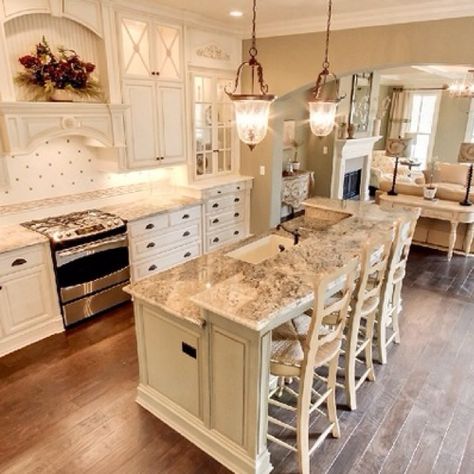 2 tiered Granite Kitchen Island with sink | Double Tiered Island! Granite Kitchen Island, Functional Kitchen Island, Kitchen Island With Sink, Kitchen Island With Seating, Concept Ideas, Vent Hood, Southern Home, Luxury Kitchens, Large Kitchen