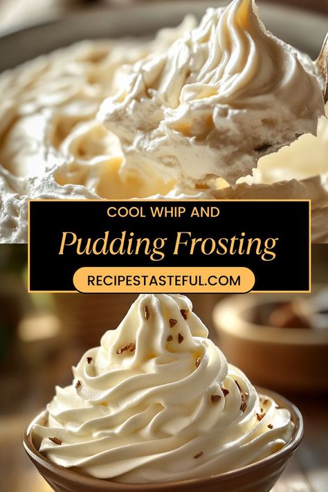 This easy and delicious Cool Whip and Pudding Frosting is perfect for topping cakes, cupcakes, or even as a dip for fresh fruit. With its light, creamy texture, this versatile frosting is quick to make and will elevate any dessert to the next level! Frosting With Pudding Recipe, Almond Whipped Cream Frosting, Whipped Topping For Cheesecake, Pudding And Cool Whip Frosting, Cool Whip And Pudding Frosting Recipe, Coolwhip Pudding Recipes, Pudding Icing Recipe, Cool Whip And Pudding Frosting, Whipped Icing Recipe For Cakes