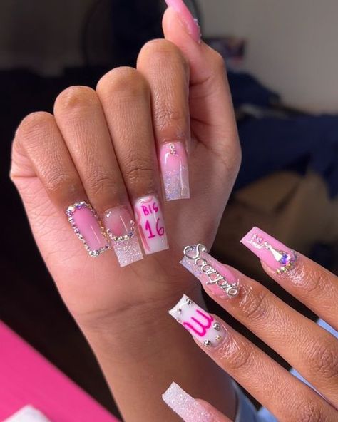 Birthday Nails 17th Birthday, Black And Pink Birthday Nails, Birthday Nails 16, Birthday Nails Pink, Pink Birthday Nails, Hot Pink Birthday, Acrylic Nail Designs Coffin, Birthday Nail Designs, Birthday Nail