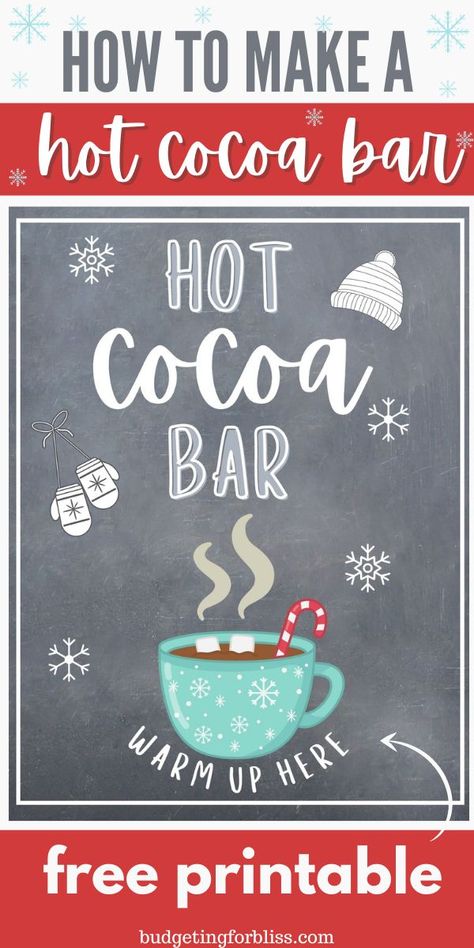 Cheap Hot Cocoa Bar, Hot Cocoa Tray Diy, Hot Cocoa Fundraiser, Hot Cocoa Bar Supplies, Diy Hot Cocoa Sign, Hot Cocoa Theme Party, Hot Chocolate Bar Decorations, Hot Cocoa Bar Ingredients, Free Printable Hot Cocoa Bar Sign