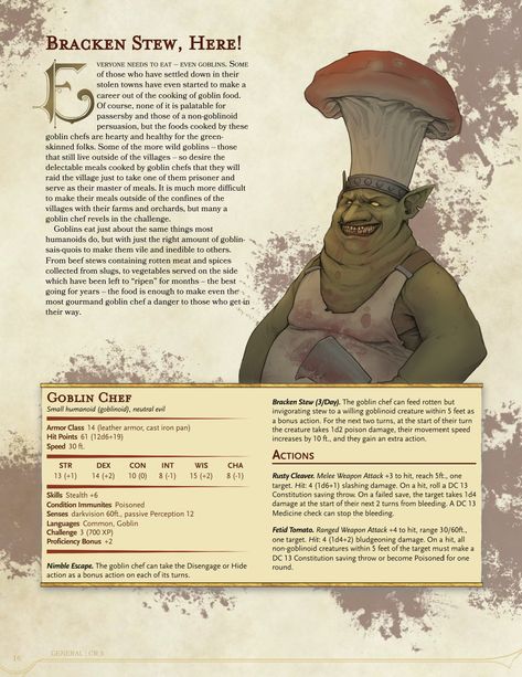 Dnd Thanksgiving, Dnd Monster Stats, Goblin Chef, Dnd Bosses, Dnd Generator, D D 5e Homebrew, Goblin Monster, Goblin Dnd, Homebrew Monsters