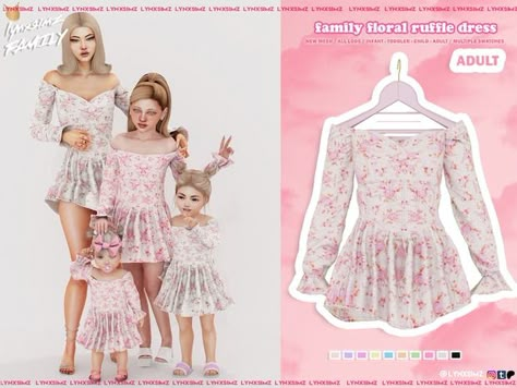 Family Floral Ruffle Dress 💞 | Patreon Sims 4 Wedding Dress, Sims 4 Toddler Clothes, Sims 4 Cas Mods, Sims 4 Family, Sims 4 Children, Sims 4 Expansions, Floral Ruffle Dress, Sims 4 Teen, Sims 4 Dresses