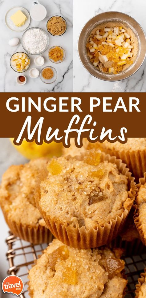 Ginger Pear Muffins Ginger Muffins, Pear Muffins, Ginger Pear, Pear Ginger, Jumbo Muffins, Pear Recipes, Candied Ginger, Seasonal Treats, Ginger Recipes