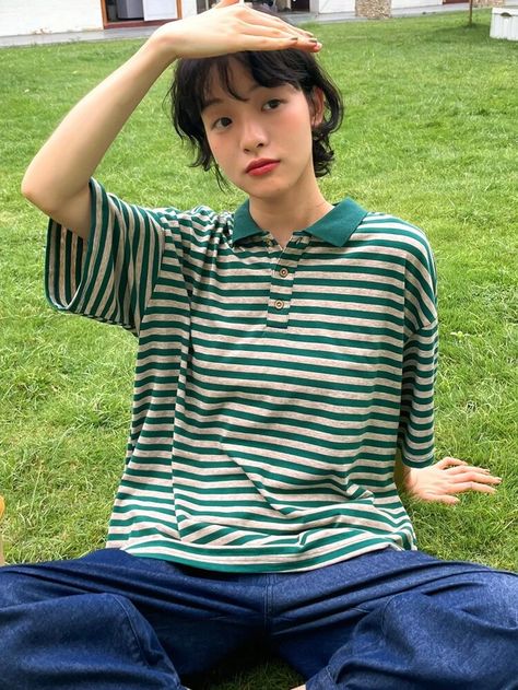 Green Striped T Shirt Outfit, Green Stripes Shirt Outfit, Green Polo Outfit, Comfy Baggy Outfits, Green Striped Shirt Outfit, Polo Outfit Women's, Striped Tshirt Outfits, Green And White Striped Shirt, Outfits With Striped Shirts