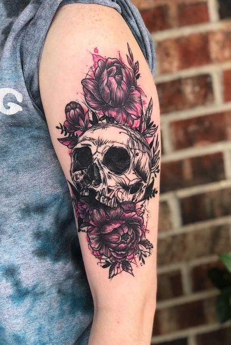 Floral Skull Half Sleeve Tattoo, Skull And Black Rose Tattoo, Skull Tattoo Cover Up, Rose And Skull Tattoo For Women, Pretty Skull Tattoos For Women, Logic Tattoo, Skull With Roses Tattoo, Skull And Flower Tattoo, Tattoo Spooky