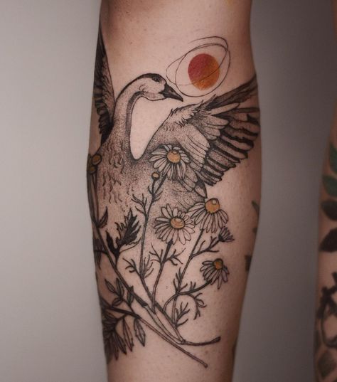 Tattooer, Wroclaw, Poland on Instagram: “Goose, thx @xbogienkax ❤️🔥 #goose #bird #camomile #tansy #dzolama #meadowplants” Snow Goose Tattoo, Wild Geese Mary Oliver, Dzo Lama, Goose Tattoo, Hippie Tattoo, Wroclaw Poland, Snow Goose, Wroclaw, Hand Art