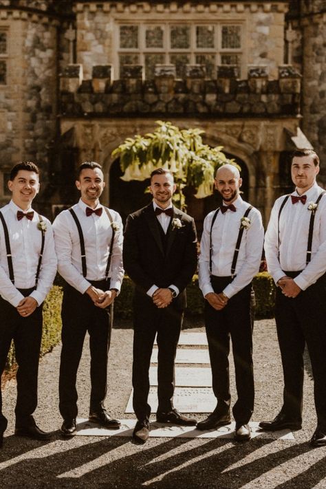 Groomsman Attire Black, Groomsmen Black Attire, Groomsmen Attire Burgundy, Groomens Attire, Black And White Groomsmen Attire, Groomsmen With Suspenders, Wedding Suit Burgundy, Black Groomsmen Attire, Groomsmen Outfit Ideas