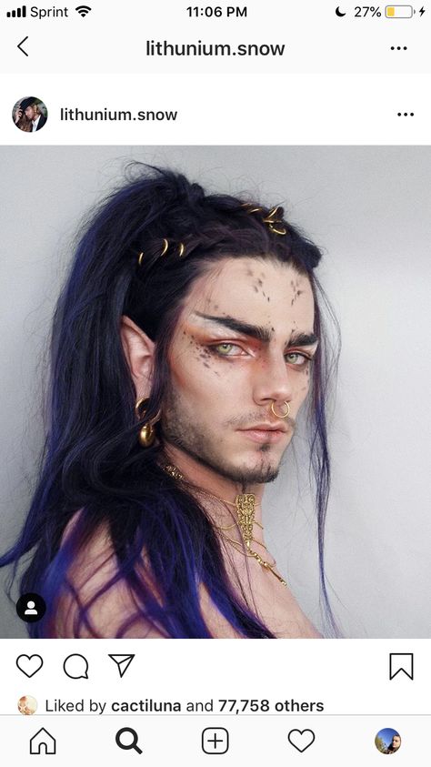 Fae Costume Men, Druid Makeup Men, Dark Elf Costume Male, Wizard Makeup Men, Male Elf Makeup, Elven Hairstyles Male, Dark Fae Costume Men, Male Fantasy Hairstyles, Male Dark Fairy Costume