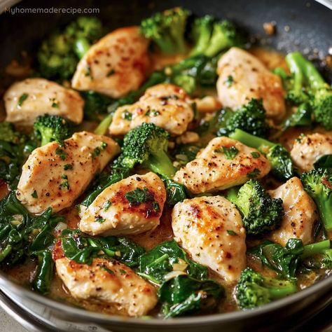 The Ultimate Garlic Chicken with Broccoli and Spinach is a wholesome, one-pan dish that brings together tender chicken, fresh broccoli, and vibrant spinach. Infused with the savory flavors of garlic and Parmesan cheese, this meal is both nutritious and satisfying. Ideal for busy weeknights, this recipe is quick to prepare and offers a deliciously balanced meal that the whole family will love. Meals With Chicken And Spinach, Main Dishes With Broccoli, Chicken Spinach Potatoes Recipes, Garlic Chicken With Broccoli And Spinach, Dinners With Broccoli, Chicken Broccoli Healthy, Chicken And Spinach Recipes Healthy, Chicken With Spinach Recipes, Chicken And Broccoli Recipes Healthy