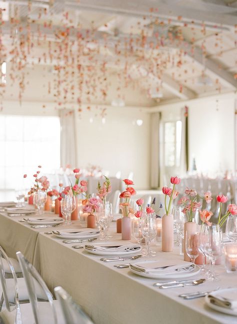 Scrunched Table Runner Wedding, Love In Bloom Centerpieces, Bridal Shower Inspiration Decor, Pink Event Decor, Spring Wedding Tablescapes, Flower Theme Wedding, Valentines Day Tablescapes, Bud Vase Centerpiece, Girly Wedding