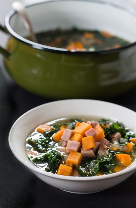 Cozy Sweet Potato, Ham and Kale Soup {AIP, Paleo} Ham Sweet Potato, Sweet Potato Kale Soup, Aip Lunch, Potato And Kale Soup, Potato Kale Soup, Soup With Rosemary, Heartbeet Kitchen, Aip Dinner, Sweet Potato And Kale