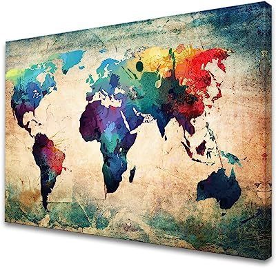 Baisuwallart A62069 Abstract World Map Canvas Painting Vintage Posters and Prints Colorful Wall Art Wall Pi...