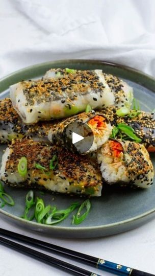 9.6K reactions · 2.6K shares | Recipe ⬇️ These rice paper sushi rolls are filled with sweet savory salmon, avocado, and carrots. They are wrapped in chewy rice paper and pan seared to perfection!

Save this post & follow @platesbynat for more recipes.

For salmon:
1 tablespoon olive oil
6 ounces salmon, I use pink salmon fillet
1 tablespoon tamari soy sauce
1 tablespoon sake or dry white wine
2 teaspoons sugar

For sushi rolls:
6 sheets rice paper
1½ cup cooked Japanese rice
2 sheets nori
½ carrot cut into match sticks
1 medium avocado sliced thinly
⅓ cup roasted sesame, white & black mix
2 tablespoons olive oil for pan frying
 
Cut the nori into 6 pieces per sheet, so it makes 12 pieces in total.

Heat up 1 tbsp olive oil in a pan and cook the salmon on both sides.
Break up the salmon int Dairy Free Vegetable Recipes, Rice Paper Wraps, Rice Paper Recipes, Gluten Free Yeast Free, Pan Seared, Asian Flavors, Rice Crispy, Sushi Rolls, Wrap Recipes