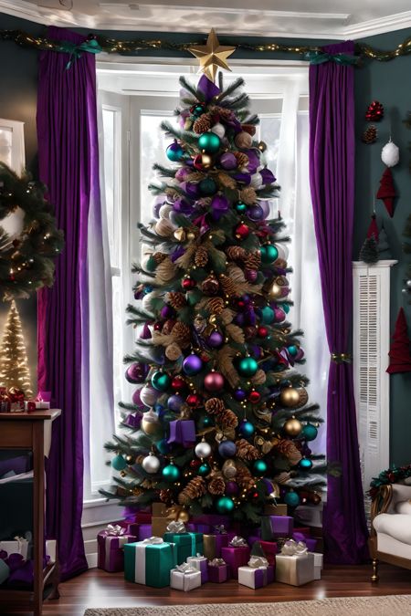 Purple Green Christmas Tree, Purple And Red Christmas Tree, Red And Purple Christmas Tree, Purple And Green Christmas Tree, Jewel Toned Christmas Tree, Jewel Tone Christmas Decor, Jewel Tone Christmas Tree, Christmas Tree Purple, Christmas Tree Elegant