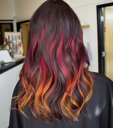 Purple Red Orange Ombre Hair, Fire Hair Highlights, Fire Peekaboo Hair, Flame Dyed Hair, Hidden Sunset Hair, Sunset Hair Underneath, Sunset Highlights Hair, Desert Sunset Balayage Hair, Sunset Colored Hair