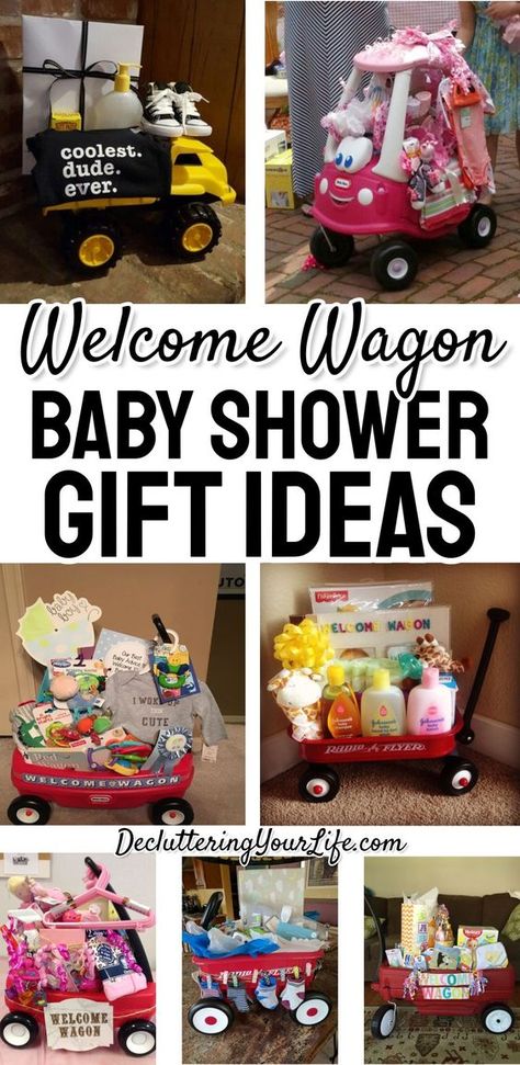 Baby shower gift ideas - DIY welcome wagon baby shower gift baskets to make on a budget - easy group gift idea too! Wagon Gift Basket Ideas, Creative Baby Shower Gifts For Boys, Baby Welcoming Ideas, Baby Shower Wagon Gift Basket, Cute Baby Gift Basket Ideas, Baby Shower Gift For Boys, Baby Wipes Gift Ideas, Baby Shower Money Gift Ideas, Welcome Wagon Baby Shower Gift