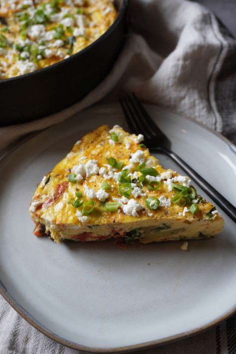 Greek Frittata with Potato, Feta, Tomatoes, Spinach | Jen's Rooted Kitchen Frittata Recipes Potato, Tomato And Spinach Frittata, Baked Eggs With Spinach And Feta, Greek Frittata, Spinach Feta Frittata, Spinach Feta Tomato Frittata, Vegetarian Frittata, Egg Frittata, Potato Frittata