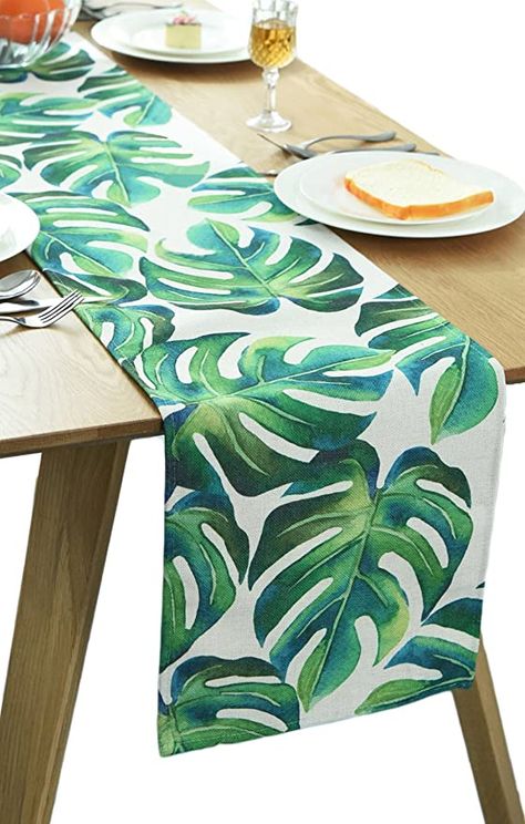 BOXAN Classic Durable White Linen Burlap Table Runner with Green Tropical Monstera Palm Leaves for Spring Summer Wedding Party Birthday Party Home Decor, Hawaii Luau Party Decor, 12x72 inch Palm Leaves Table Runner, Luau Party Decor, Tropical Table Runners, Beach Theme Party Decorations, Summer Wedding Party, Birthday Party Home, Luau Decorations, Runner Pattern, Pattern Leaf