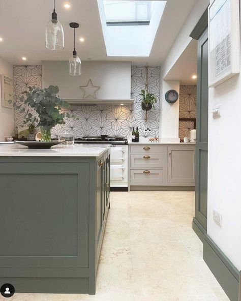 A green and grey shaker kitchen with white quartz worktops and limestone floor. Green And Grey Kitchen, Calm Home, Grey Shaker Kitchen, Jade Design, Mandarin Stone, Quartz Worktops, Green Kitchen Cabinets, Shaker Kitchen, Kitchen Extension