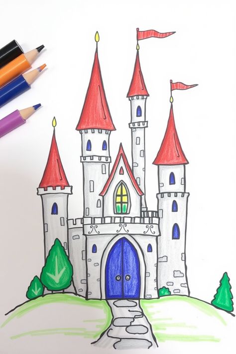 Check Out This Cute Castle Drawing & 12+ Other Castle Drawing Ideas! #drawinginspiration #drawingideas How To Draw A Castle, Simple Castle Drawing, Drawing A Castle, Castle Drawing Ideas, Castle Doodle, Castle Drawing Easy, Drawing Castle, Disney Castle Drawing, Cute Castle