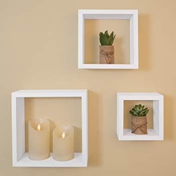 Contemporary Shelf Design, Floating Cube Shelves, Square Floating Shelves, Small Bathroom Shelves, Modern Shelving Units, Navy Blue Decor, White Wall Shelves, Square Shelf, Floating Shelf Decor