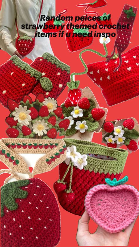 If you need inspiration on what random strawberry crochet crap you can make then here is it. Strawberry Crochet, Finger Crochet, Crochet Strawberry, Kawaii Diy, Crochet Pouch, Diy Jewelry Unique, Beginner Crochet Projects, Diy Crochet Projects, Yarn Projects