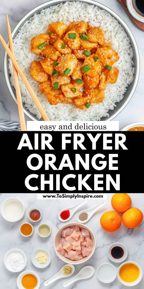 Air fryer orange chicken is healthy orange chicken made without the deep frying of takeout! Crispy chicken tossed in the best orange sauce is an easy dinner idea the whole family will love. Orange Chicken Sides Dish, At Home Orange Chicken, How To Make Orange Chicken Sauce, Air Fry Orange Chicken Recipe, Orange Chicken Air Fryer Recipe, Healthy Orange Chicken Sauce, Chinese Chicken Air Fryer, Air Fryer Recipes For Family, Low Sodium Orange Chicken