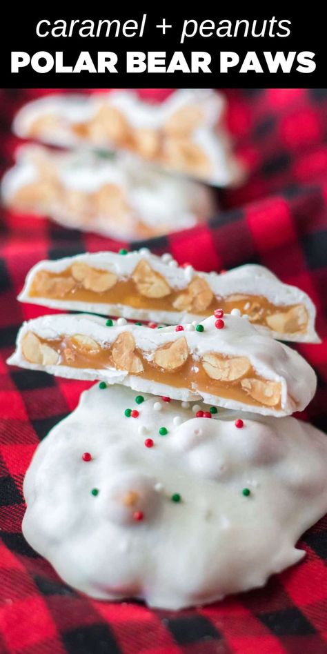 Polar Bear Paws Candy White Chocolate Bear Claws, White Chocolate Holiday Bark, Polar Bear Paws Candy White Chocolate, Polar Bear Claws Recipe, Christmas Tin Recipes, White Chocolate Treats Easy, Polar Bear Paw Cookies, Christmas Cookies And Candies Recipes, Diy Toffee Candy