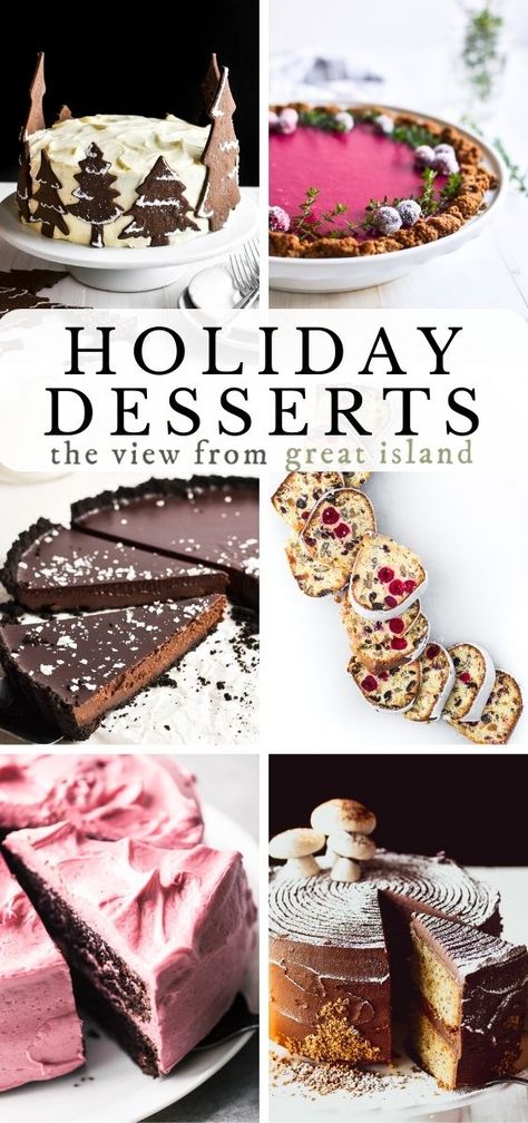 Favorite Holiday Desserts from fruit cake to buche de Noel, and more! Modern Christmas Dessert, Elegant Christmas Dessert Ideas, Showstopping Christmas Desserts, Christmas Showstopper Desserts, Christmas Dinner Dessert Recipes, Christmas Day Desserts, Elegant Christmas Desserts, Fancy Christmas Desserts, Elegant Christmas Dessert