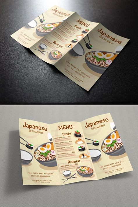 Brochure Design Food, Food Brochure, Leaflet Layout, Menu Sushi, Restaurant Brochures, Brochure Food, Packaging Illustration, Ramen Restaurant, Brochure Design Layout