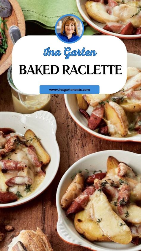 Ina Garten Baked Raclette Raclette Potatoes Recipe, Raclette Cheese Potatoes, Ina Garten Make Ahead Recipes, Raclette Ideas Dinner Parties, Christmas Raclette, Raclette Recipes Dinners, Raclette Ideas, Potato Meals, Raclette Dinner Party