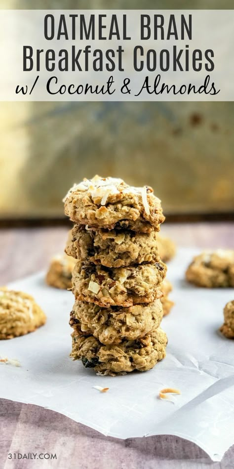 It's all about breakfast cookies today. Packed with oats and bran and healthy yet sweet ingredients. Breakfast never looked so good! Oatmeal Bran Breakfast Cookies with Coconut and Almonds | 31Daily.com #breakfastcookies #healthycookies #31Daily All Bran Cookies, Wheat Bran Cookies, Oat Bran Cookies, Bran Flakes Recipes, Bran Cookies Recipe, Packable Meals, Bran Flakes Cereal, Bran Cookies, Cookies With Coconut