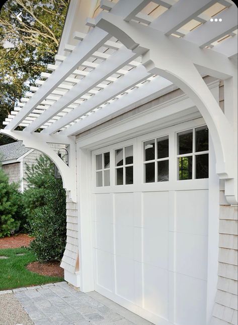 Garage Gazebo Ideas, Garage Door With Pergola, Pergola On Garage, Garage Door White House, Farmhouse Garage Door Ideas, Garage Pergola Ideas, Pergola Above Garage Door, Pergola Over Garage Door, Trellis Over Garage