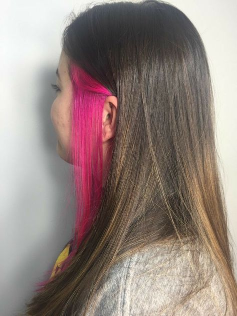 Strand Of Hair Dyed Behind Ear, One Hair Strand Dyed, Single Streak Of Color In Hair, One Strand Of Color In Hair, Brown Hair Underneath, Pink Peekaboo Hair, Hair Dyed Underneath, Pink Hair Streaks, Hair Colour Design