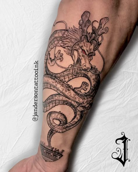 Tattoo shenlong Shenron Tattoo Forearm, Shenlong Tattoo, Dragon Ball Tattoo Ideas, Dragon Ball Z Tattoos, Shenron Tattoo, Dragon Ball Z Tattoo, Shen Long Tattoo, Dbz Tattoo, Simple Arm Tattoos